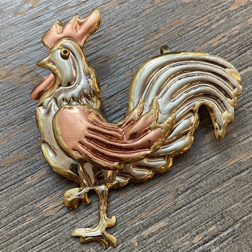 Vintage 80s Artisan Large Tri Color Alloys Rooster Broach Pendant